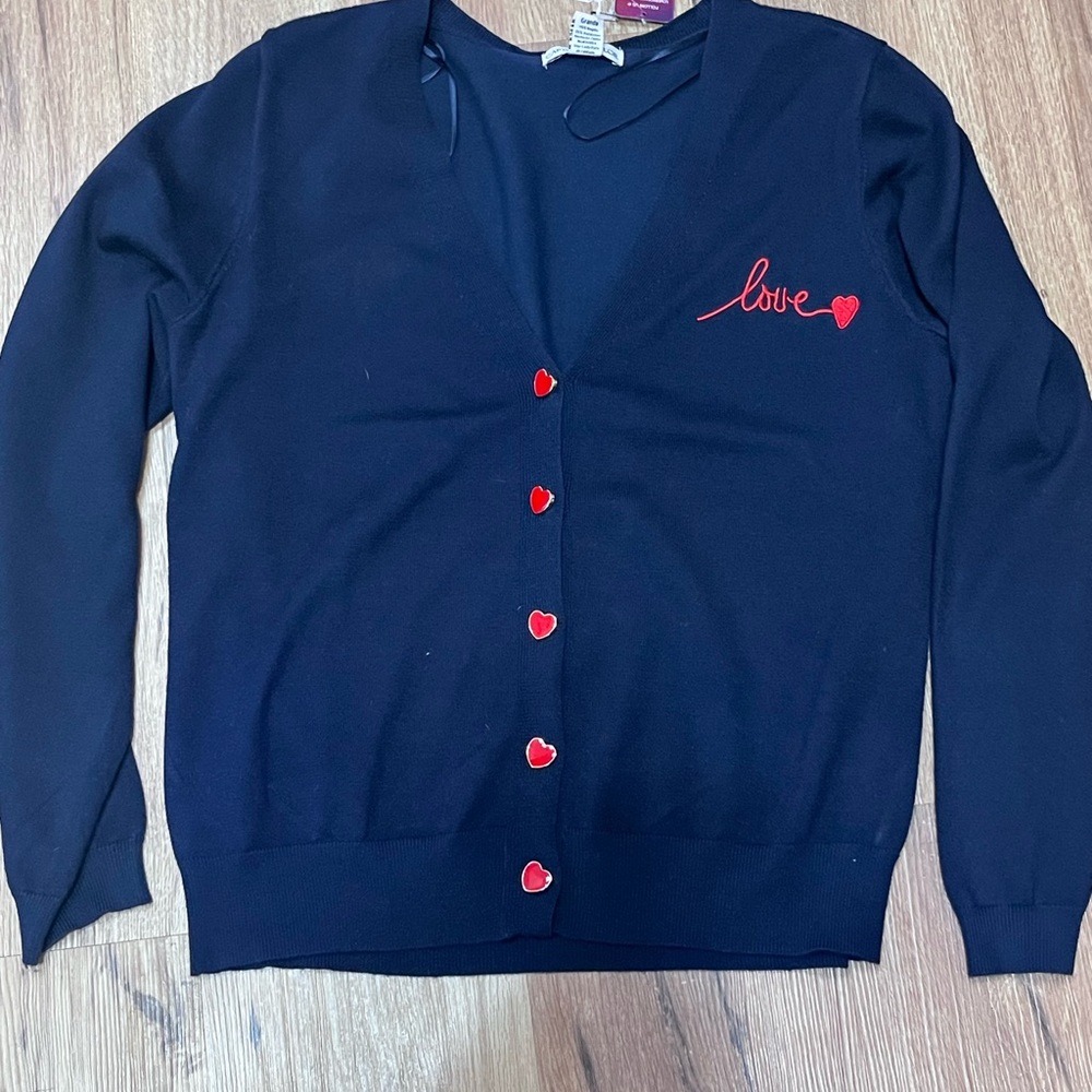 Carolynn Taylor navy love themed V-neck cardigan sweater, size L, NWT